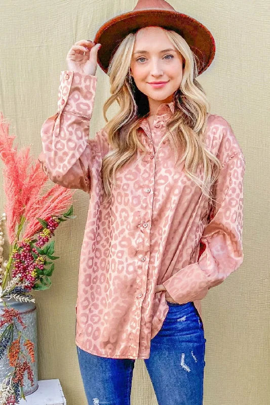 And The Why Satin Leopard Button Up Curved Hem Shirt Iron Safe Non-Iron Wrinkle Free