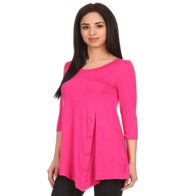 Womens Casual Top, High-Low Side Button Shirt, Sizes S/M/L/XL, Solid Pink Mesh Blend Leather Blend Suede Blend