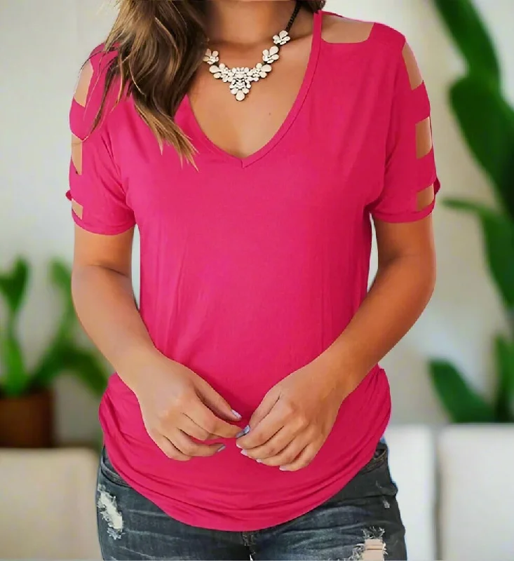 Womens Pink Cold Shoulder Shirt, Cut Out Sleeves, V-Neck Top, Plus Sizes 1xl/2xl/3xl, Fuchsia Pink Fashionable Trendy Casual