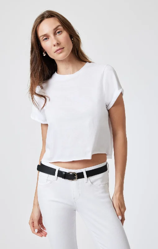 WOMEN'S SHORT SLEEVE CROP T-SHIRT IN WHITE Zippered Buttoned Snapped