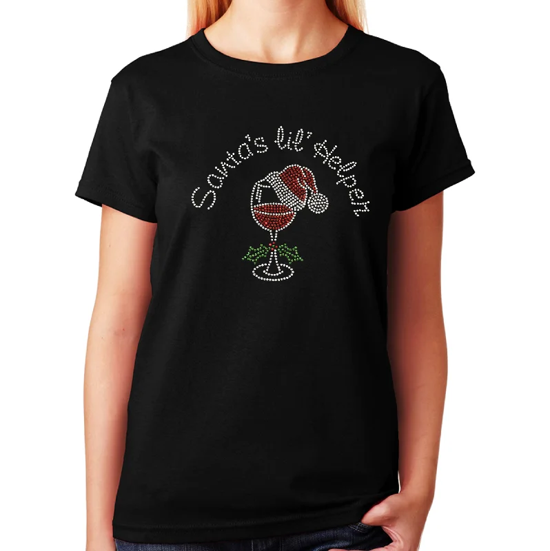 Women's / Unisex T-Shirt with Santas lil Helper with Wine Cup and Santa Hat in Rhinestones Rayon Fabric Velvet Fabric Corduroy Fabric