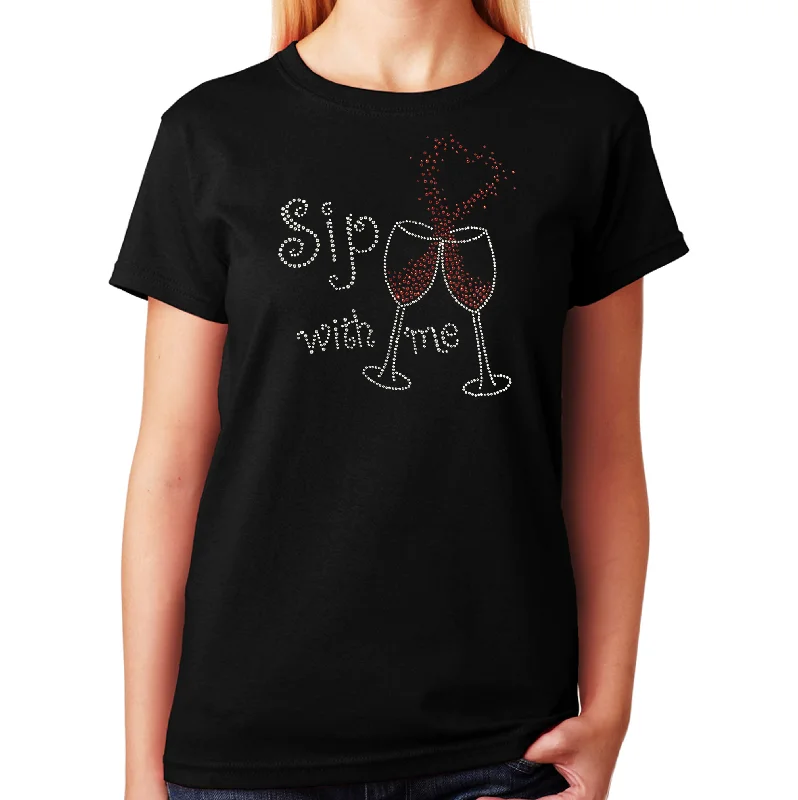 Women's / Unisex T-Shirt with Sip with Me Wine Cups with Heart in Rhinestones Seamless Knitted Crochet