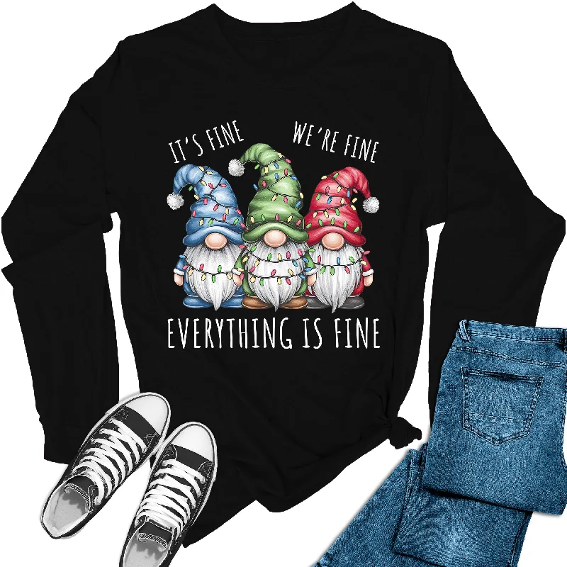 Women's We're Fine Everything Is Fine Christmas Gnomes Holiday Long Sleeve Graphic Tees Spandex Blend Rayon Blend Denim Blend