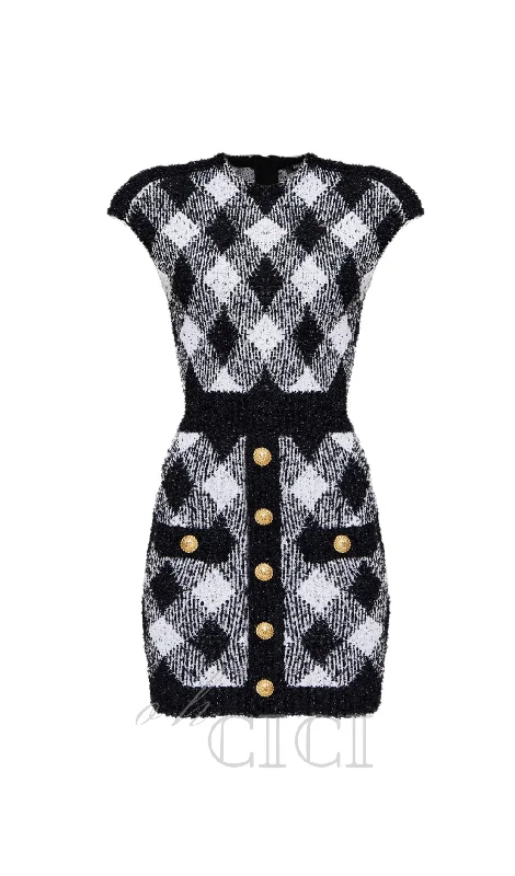 button-embellished plaid texture mini dress Tunics Evening elegant