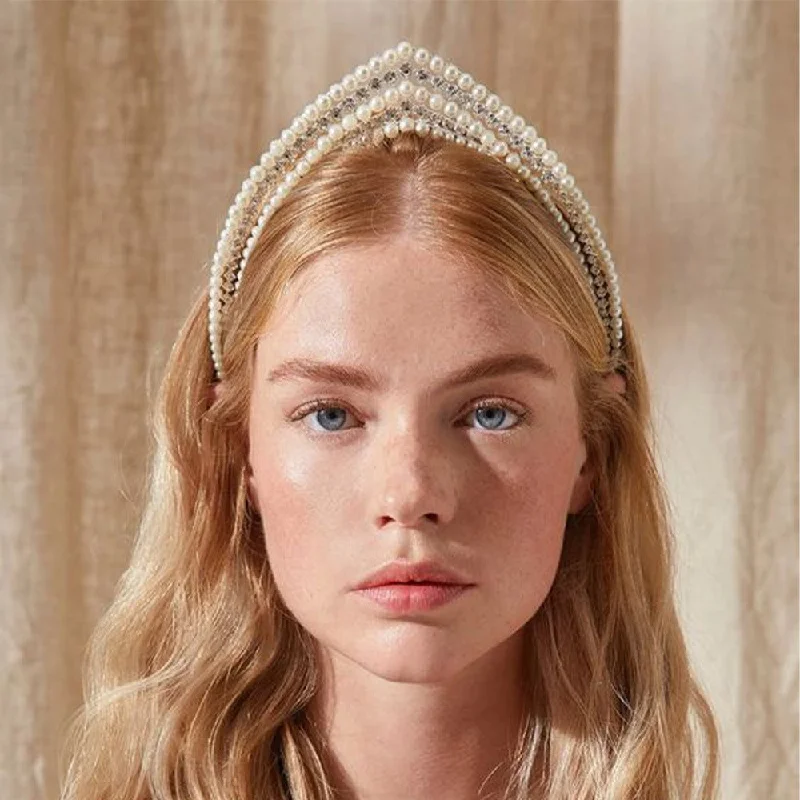 Royal V Pearl Comb Princess Headdress with Rhinestone Elegant Long Evening